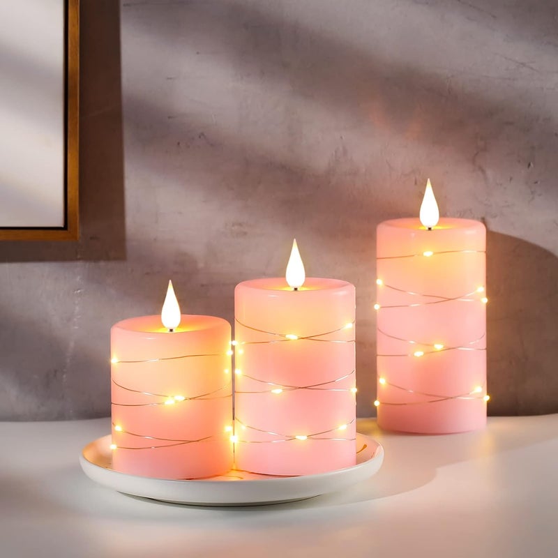 Da by Flameless Candles with String Lights，Battery Operated Candles,LED Flickering Candles with Remote Control and Timer, Real Wax, 3 Pack-Pink - Image 3